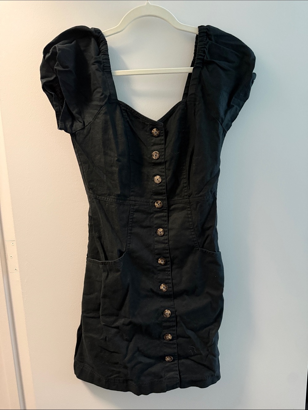 Madewell Black Puff-Sleeve Button-Front Mini Dress